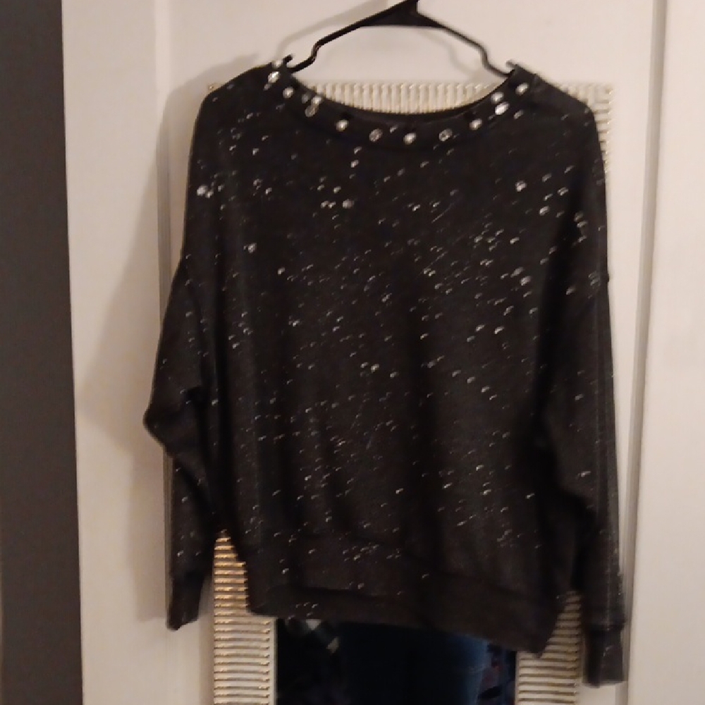 No Boundaries Grey Paint Splatter Crewmeck Sweatshirt with Bedazzled Neckline!